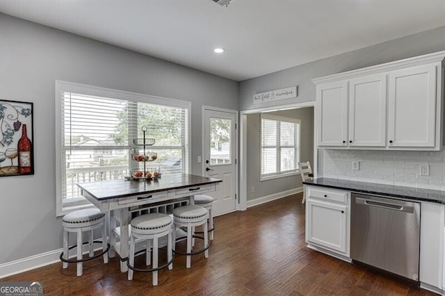 440 S Alexander St, Buford, GA 30518 - kitchen featuring stainless steel dishwasher, baseboards, white cabinets, dark wood finished floors, and recessed lighting