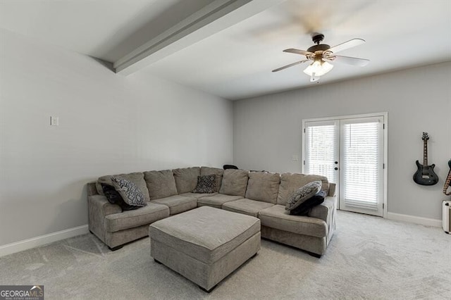 440 S Alexander St, Buford, GA 30518 - carpeted living area featuring a ceiling fan, baseboards, and beamed ceiling