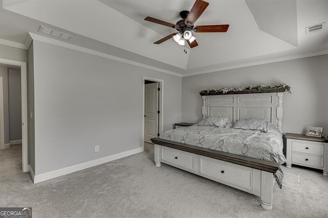 440 S Alexander St, Buford, GA 30518 - bedroom featuring light carpet, baseboards, crown molding, a tray ceiling, and a ceiling fan