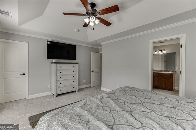 440 S Alexander St, Buford, GA 30518 - bedroom featuring a raised ceiling, light carpet, ensuite bathroom, baseboards, and ornamental molding