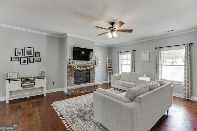 440 S Alexander St, Buford, GA 30518 - living room with a ceiling fan, hardwood / wood-style floors, a fireplace, baseboards, and ornamental molding