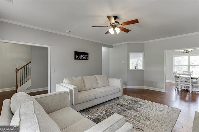 440 S Alexander St, Buford, GA 30518 - living room with a ceiling fan, baseboards, ornamental molding, wood finished floors, and stairs