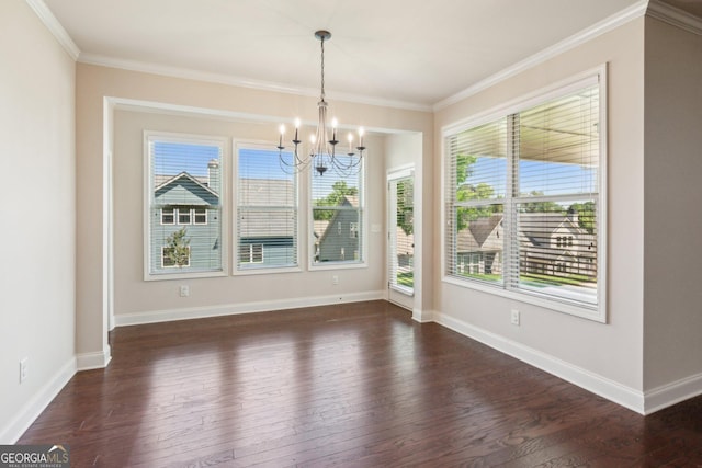 4416 Links Blvd, Jefferson, GA 30549 - unfurnished dining area with a chandelier, plenty of natural light, dark wood-style floors, and ornamental molding