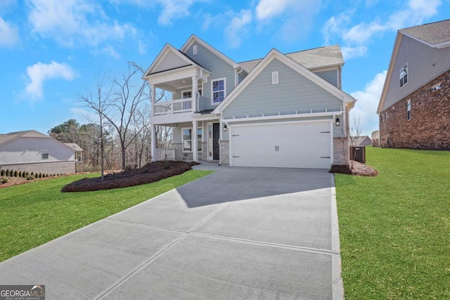 6775 Cambridge Dr, Flowery Branch, GA 30542 - view of front facade with a balcony, concrete driveway, a front yard, a garage, and central air condition unit