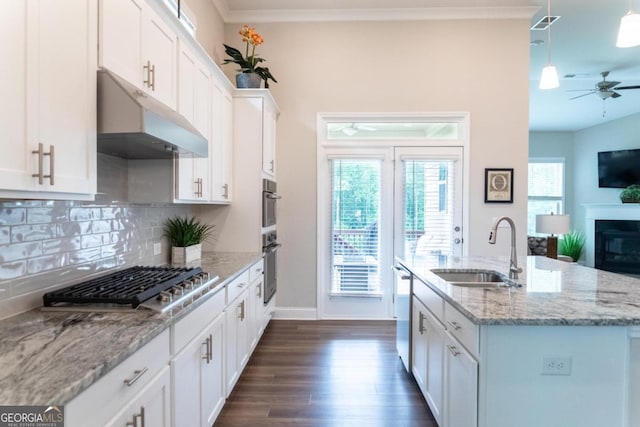 2665 Crowbrook Way, Cumming, GA 30040 - kitchen featuring stainless steel appliances, under cabinet range hood, open floor plan, dark wood-type flooring, and backsplash