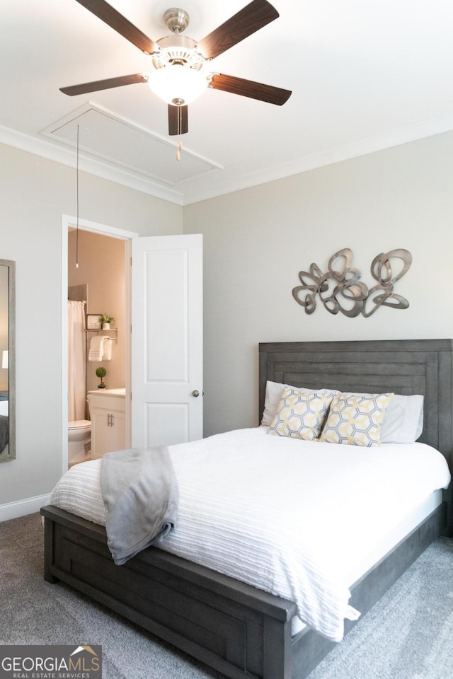 2665 Crowbrook Way, Cumming, GA 30040 - bedroom featuring attic access, carpet floors, ornamental molding, ensuite bath, and ceiling fan