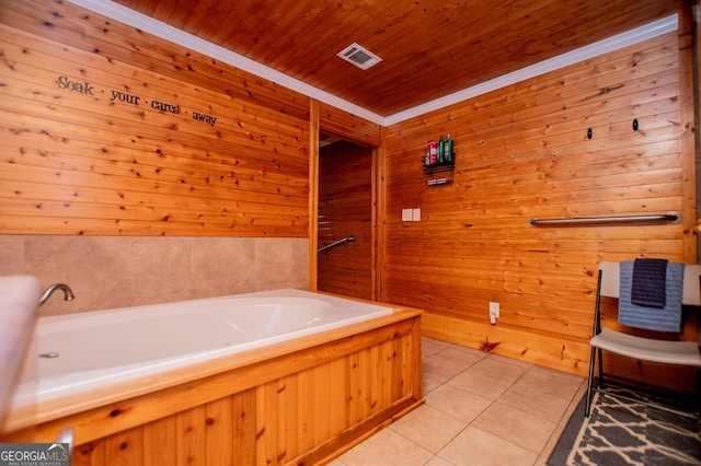 258 Big Oak Rd, Whitesburg, GA 30185 - bathroom featuring wood walls, a garden tub, tile patterned floors, wooden ceiling, and ornamental molding