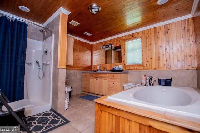 258 Big Oak Rd, Whitesburg, GA 30185 - full bathroom featuring a stall shower, vanity, tile patterned flooring, a jetted tub, and wood ceiling