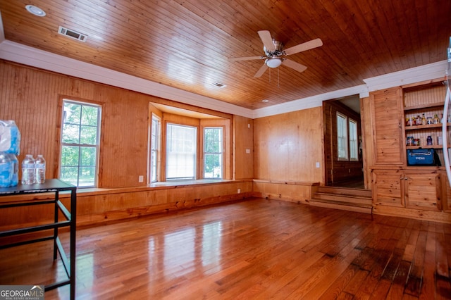 258 Big Oak Rd, Whitesburg, GA 30185 - unfurnished room featuring wood walls, hardwood / wood-style floors, ceiling fan, wood ceiling, and crown molding