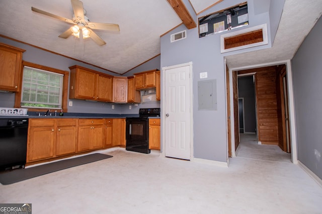 258 Big Oak Rd, Whitesburg, GA 30185 - kitchen with black range with electric stovetop, dishwasher, electric panel, vaulted ceiling, and baseboards
