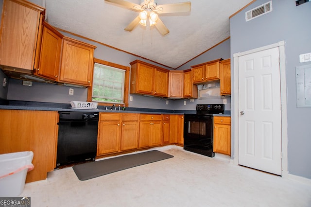 258 Big Oak Rd, Whitesburg, GA 30185 - kitchen featuring black appliances, vaulted ceiling, brown cabinets, ceiling fan, and dark countertops