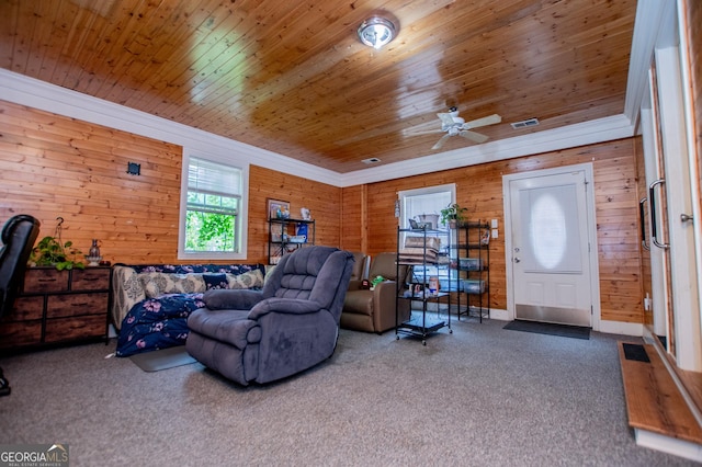 258 Big Oak Rd, Whitesburg, GA 30185 - living room featuring wooden ceiling, carpet flooring, wooden walls, and ceiling fan