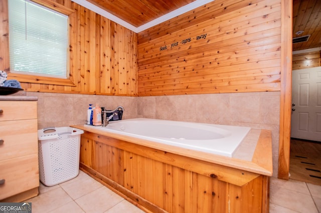 258 Big Oak Rd, Whitesburg, GA 30185 - full bath with tile patterned flooring, a garden tub, wood ceiling, ornamental molding, and wood walls