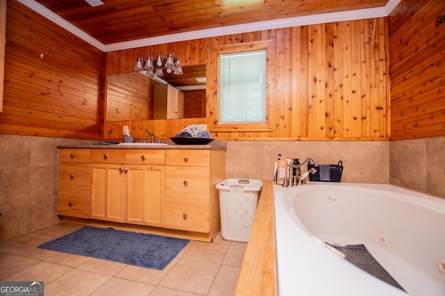 258 Big Oak Rd, Whitesburg, GA 30185 - bathroom with vanity, tile patterned flooring, a tub with jets, wooden ceiling, and ornamental molding