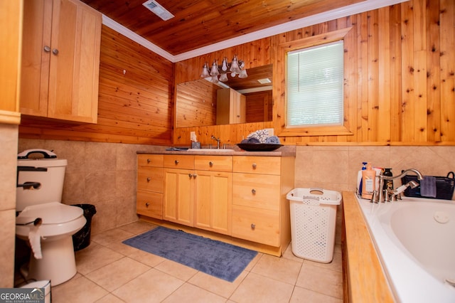 258 Big Oak Rd, Whitesburg, GA 30185 - bathroom featuring vanity, wood ceiling, toilet, a tub, and tile walls