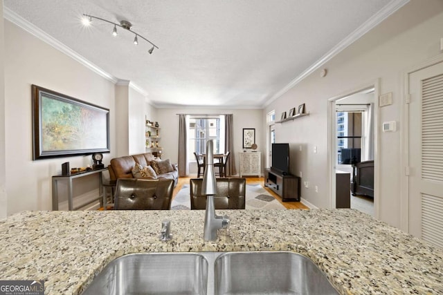1101 Juniper St NE Unit 1216, Atlanta, GA 30309 - kitchen featuring wood finished floors, crown molding, light stone countertops, open floor plan, and baseboards