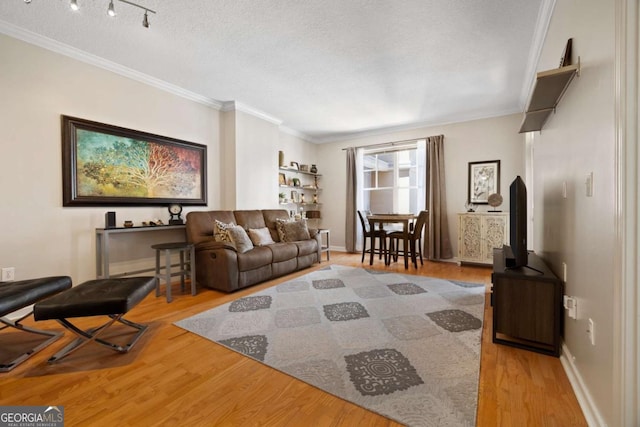 1101 Juniper St NE Unit 1216, Atlanta, GA 30309 - living room with ornamental molding, light wood-style floors, a textured ceiling, and baseboards