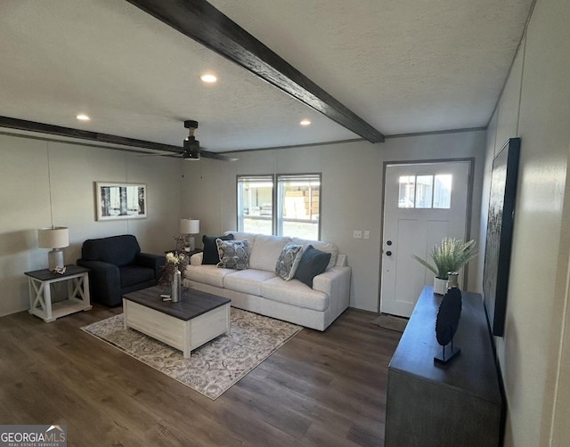 33 Marigold Dr, Carnesville, GA 30521 - living area with beam ceiling, dark wood-style flooring, a ceiling fan, a textured ceiling, and recessed lighting