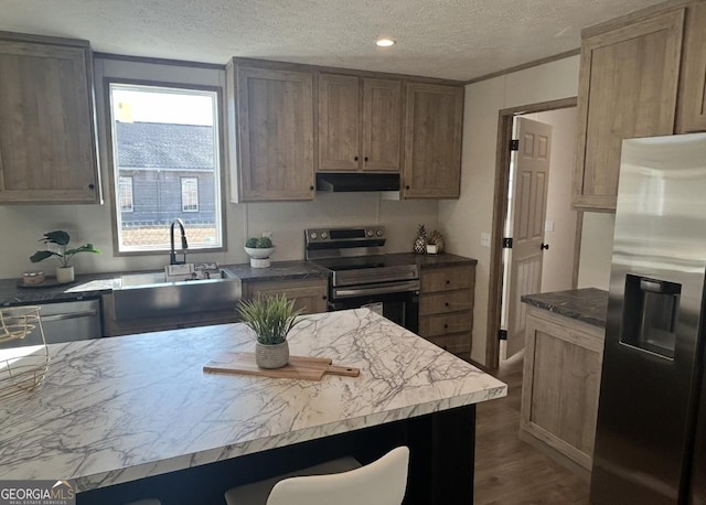 33 Marigold Dr, Carnesville, GA 30521 - kitchen featuring stainless steel appliances, under cabinet range hood, a sink, a textured ceiling, and dark wood-type flooring