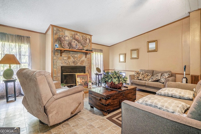 23 Wood Bine Ln, Crawford, GA 30630 - living area with ornamental molding, lofted ceiling, plenty of natural light, a textured ceiling, and a fireplace