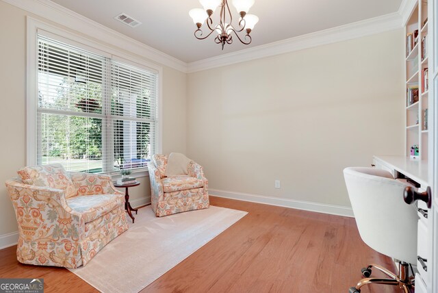 372 Abbington Way, Clarkesville, GA 30523 - office area with light wood finished floors, baseboards, ornamental molding, and a chandelier