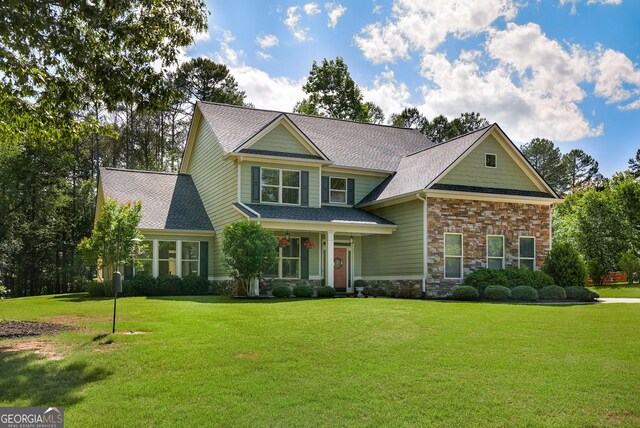 372 Abbington Way, Clarkesville, GA 30523 - craftsman inspired home with stone siding, a front yard, and roof with shingles