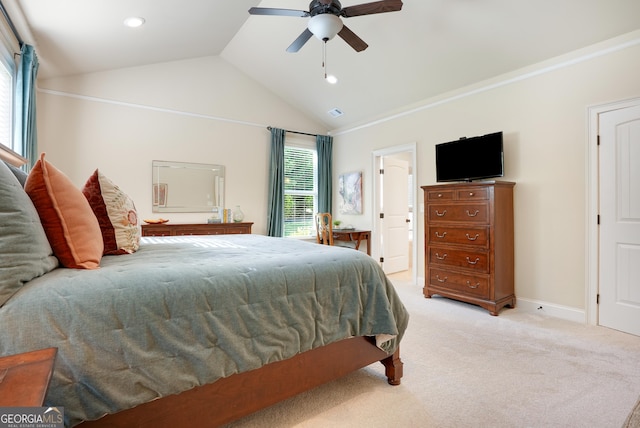 372 Abbington Way, Clarkesville, GA 30523 - bedroom featuring lofted ceiling, light carpet, recessed lighting, a ceiling fan, and baseboards