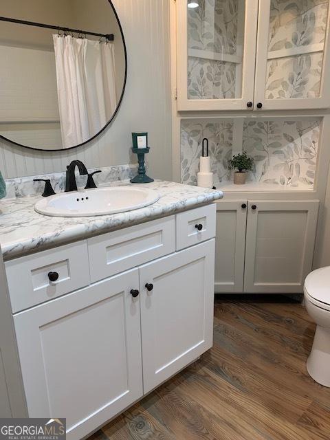 3827 Avant Rd, Blackshear, GA 31516 - full bath with vanity, toilet, wood finished floors, and backsplash