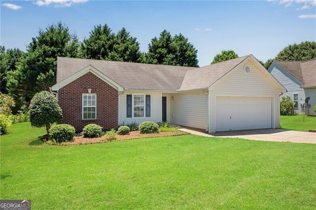 424 Yellow River Walk, Lawrenceville, GA 30043 - ranch-style house with an attached garage, driveway, a front lawn, and brick siding