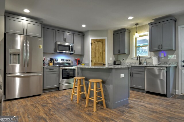1214 Zenith Trl, Ellijay, GA 30540 - kitchen featuring stainless steel appliances, gray cabinetry, dark wood-style flooring, and recessed lighting