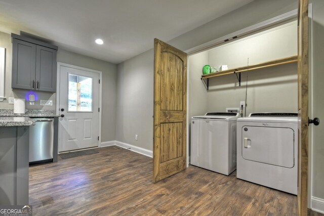 1214 Zenith Trl, Ellijay, GA 30540 - laundry area with washer and dryer, dark wood-style floors, baseboards, and recessed lighting