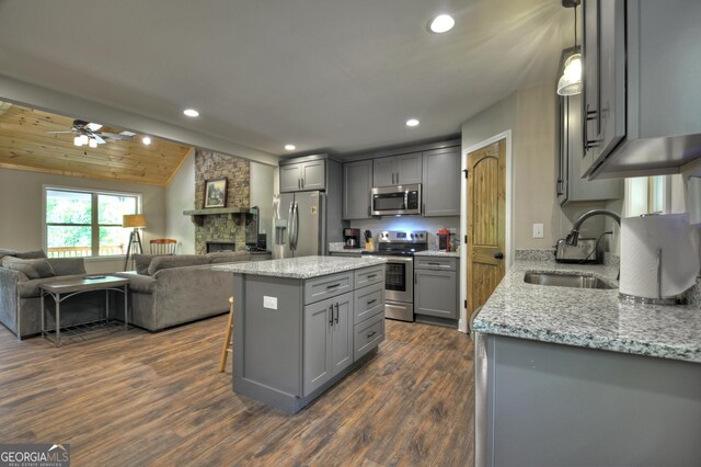 1214 Zenith Trl, Ellijay, GA 30540 - kitchen featuring stainless steel appliances, gray cabinets, a sink, open floor plan, and a center island