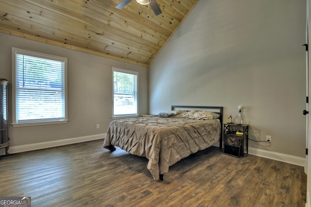 1214 Zenith Trl, Ellijay, GA 30540 - bedroom featuring baseboards, wooden ceiling, lofted ceiling, dark wood-style flooring, and ceiling fan
