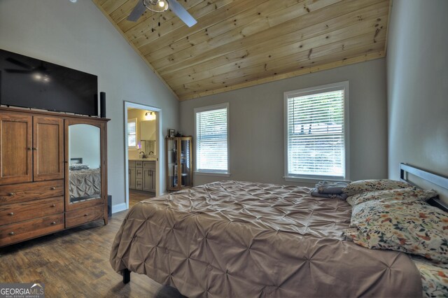 1214 Zenith Trl, Ellijay, GA 30540 - bedroom featuring vaulted ceiling, dark wood-type flooring, wooden ceiling, multiple windows, and connected bathroom