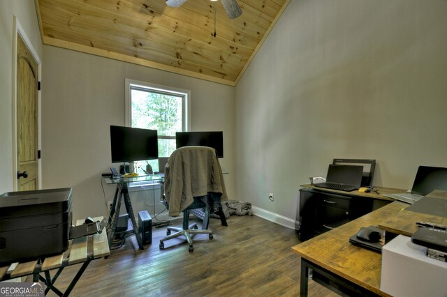 1214 Zenith Trl, Ellijay, GA 30540 - office area with vaulted ceiling, dark wood-style floors, wood ceiling, baseboards, and a ceiling fan