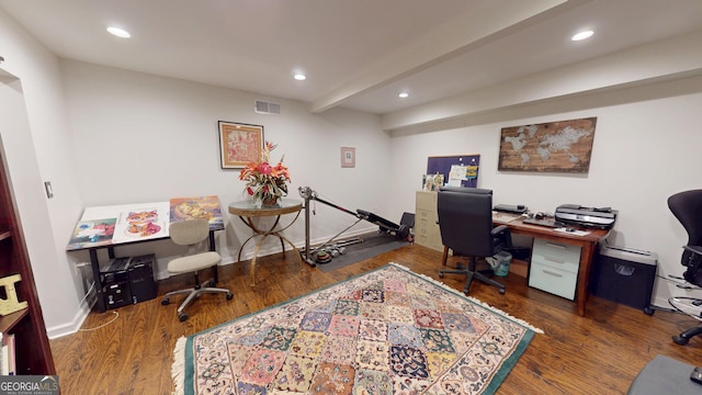 2884 Overwood Ln, Snellville, GA 30078 - home office with recessed lighting, wood finished floors, and beamed ceiling