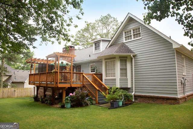2884 Overwood Ln, Snellville, GA 30078 - back of house featuring a pergola, a deck, stairway, and roof with shingles