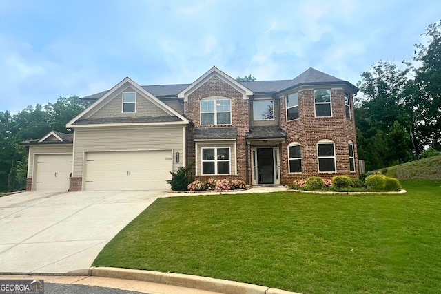 6024 Park Bay Ct, Flowery Branch, GA 30542 - view of front of house featuring concrete driveway, a front lawn, brick siding, and a garage