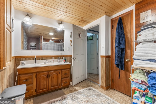 301 Jackson St, Lafayette, GA 30728 - full bathroom featuring a wainscoted wall, wooden ceiling, vanity, and wood walls
