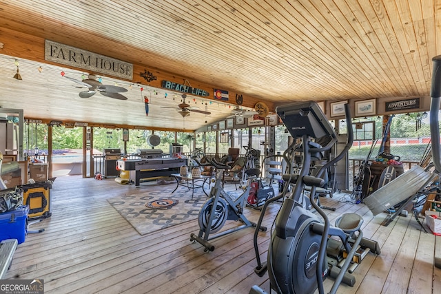 301 Jackson St, Lafayette, GA 30728 - exercise room featuring wood ceiling, wood-type flooring, plenty of natural light, and a ceiling fan
