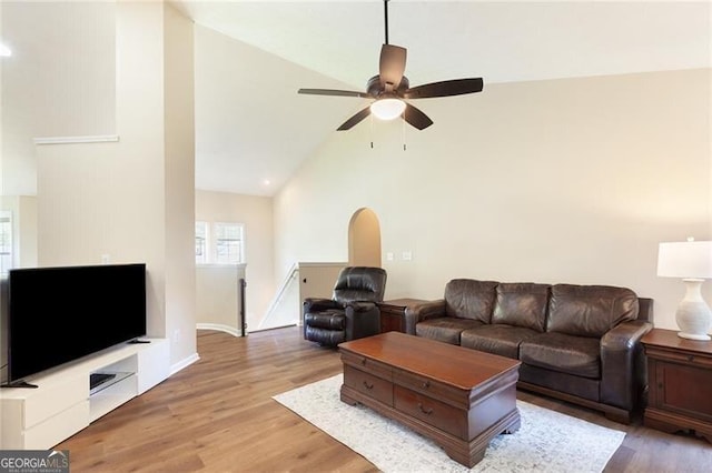 2577 Abbotts Glen Dr NW, Acworth, GA 30101 - living area with a ceiling fan, wood finished floors, and high vaulted ceiling