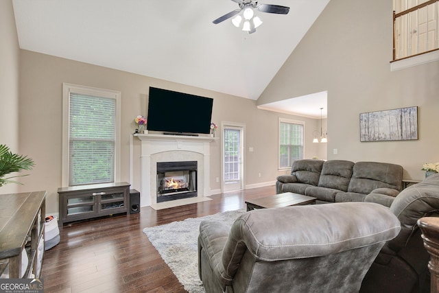 108 Hidden Springs Dr, Lagrange, GA 30240 - living area with a ceiling fan, dark wood-style floors, high vaulted ceiling, and a premium fireplace