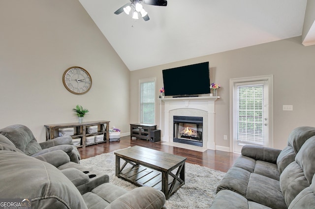 108 Hidden Springs Dr, Lagrange, GA 30240 - living area featuring ceiling fan, a high end fireplace, high vaulted ceiling, and wood finished floors