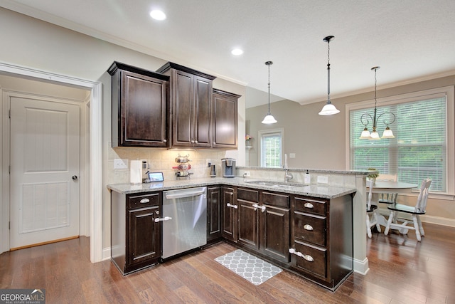 108 Hidden Springs Dr, Lagrange, GA 30240 - kitchen with stainless steel dishwasher, dark wood-style floors, dark brown cabinetry, a peninsula, and decorative backsplash