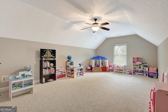 108 Hidden Springs Dr, Lagrange, GA 30240 - rec room featuring carpet floors, vaulted ceiling, a ceiling fan, and a textured ceiling