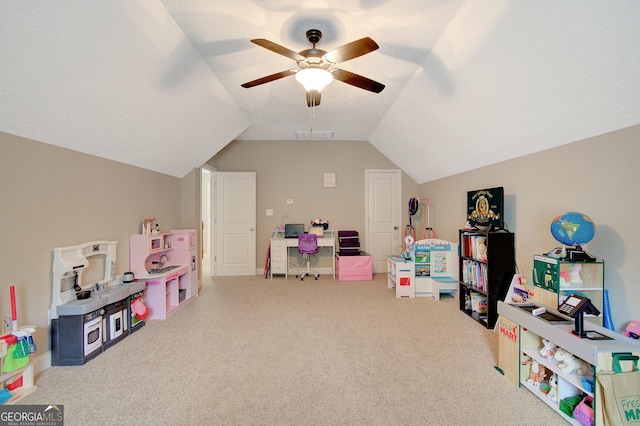 108 Hidden Springs Dr, Lagrange, GA 30240 - recreation room with carpet flooring, lofted ceiling, and a ceiling fan