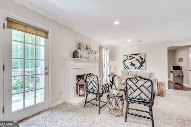 5548 Fitzpatrick Trce, Peachtree Corners, GA 30092 - living area with crown molding, carpet floors, baseboards, a fireplace, and recessed lighting