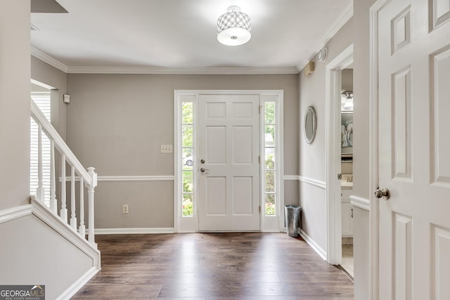 5548 Fitzpatrick Trce, Peachtree Corners, GA 30092 - foyer entrance featuring wood finished floors, baseboards, stairs, and ornamental molding