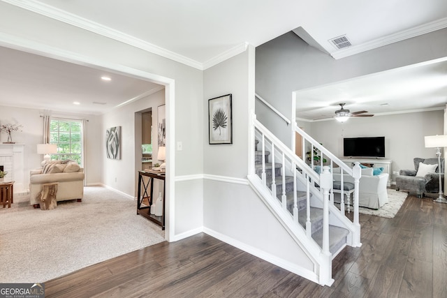 5548 Fitzpatrick Trce, Peachtree Corners, GA 30092 - staircase with wood finished floors, ceiling fan, crown molding, baseboards, and recessed lighting