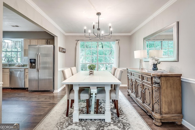 5548 Fitzpatrick Trce, Peachtree Corners, GA 30092 - dining area with a chandelier, dark wood-type flooring, ornamental molding, and baseboards